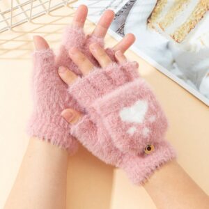 قفازات نصف الإصبع القطيفة للأطفال للجنسين بنمط قلب ومخلب قطة للدفء والحماية، مثالية للاستخدام في الهواء الطلق في الخريف/الشتاء