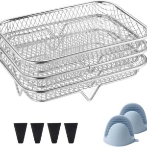 سلال لمقلاة الهواء، ملحقات مقلاة الهواء الساخن، ملحقات لمقلاة الهواء الساخن، فولاذ مقاوم للصدأ، مجموعة من 3 قطع، سلال قابلة للتكديس لمقلاة الهواء، مع أقدام سيليكون وقفازات سيليكون، 19 × 13 × 4.5 سم