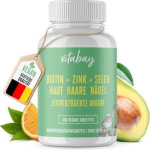 فيتاباي بيوتين بجرعة عالية ١٠٠٠٠ ميكروغرام، ٣٦٥ قرصًا، مُطلق تدريجيًا ونباتي - فيتامينات للشعر، بيوتين للشعر، زنك، سيلينيوم، بشرة، شعر، أظافر، كبسولات - فيتامينات للشعر للنساء