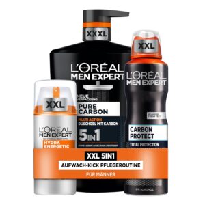 مجموعة لوريال للرجال إكسبرت 5 في 1 للرجال، مع XXXL Duschgel، XXL كريم مرطب ومزيل العرق XXL، مجموعة للرجال مع فيتامين C والكربون، هيدرا إنيرجي، كربون نقي، 3 قطع