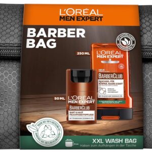 مجموعة لوريال مين إكسبيرت للعناية باللحية للرجال، مجموعة هدايا، كريم للوجه، جل استحمام، حقيبة أدوات تجميل، هدايا للرجال، زيت خشب الأرز، نادي الحلاقة، 1 × 50 مل، 1 × 250 مل