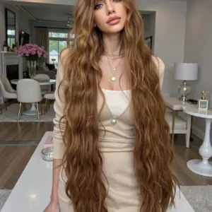 شعر مستعار صناعي بطول 45 بوصة، مموج بشكل فضفاض مع غرة